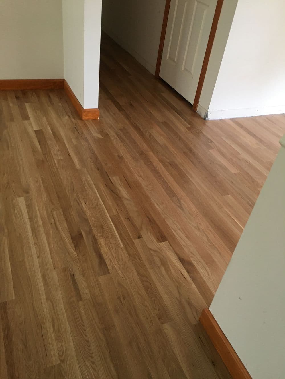 Light wooden flooring in a spacious hallway with white walls and an open door.