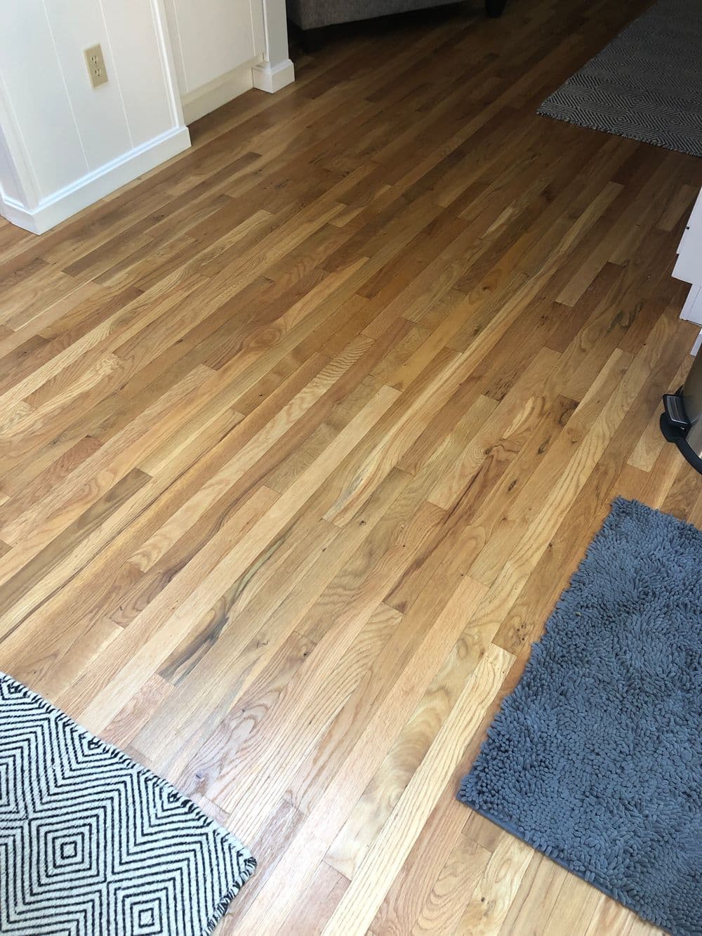 Hardwood floor with warm tones, featuring a patterned rug and a plush gray mat.